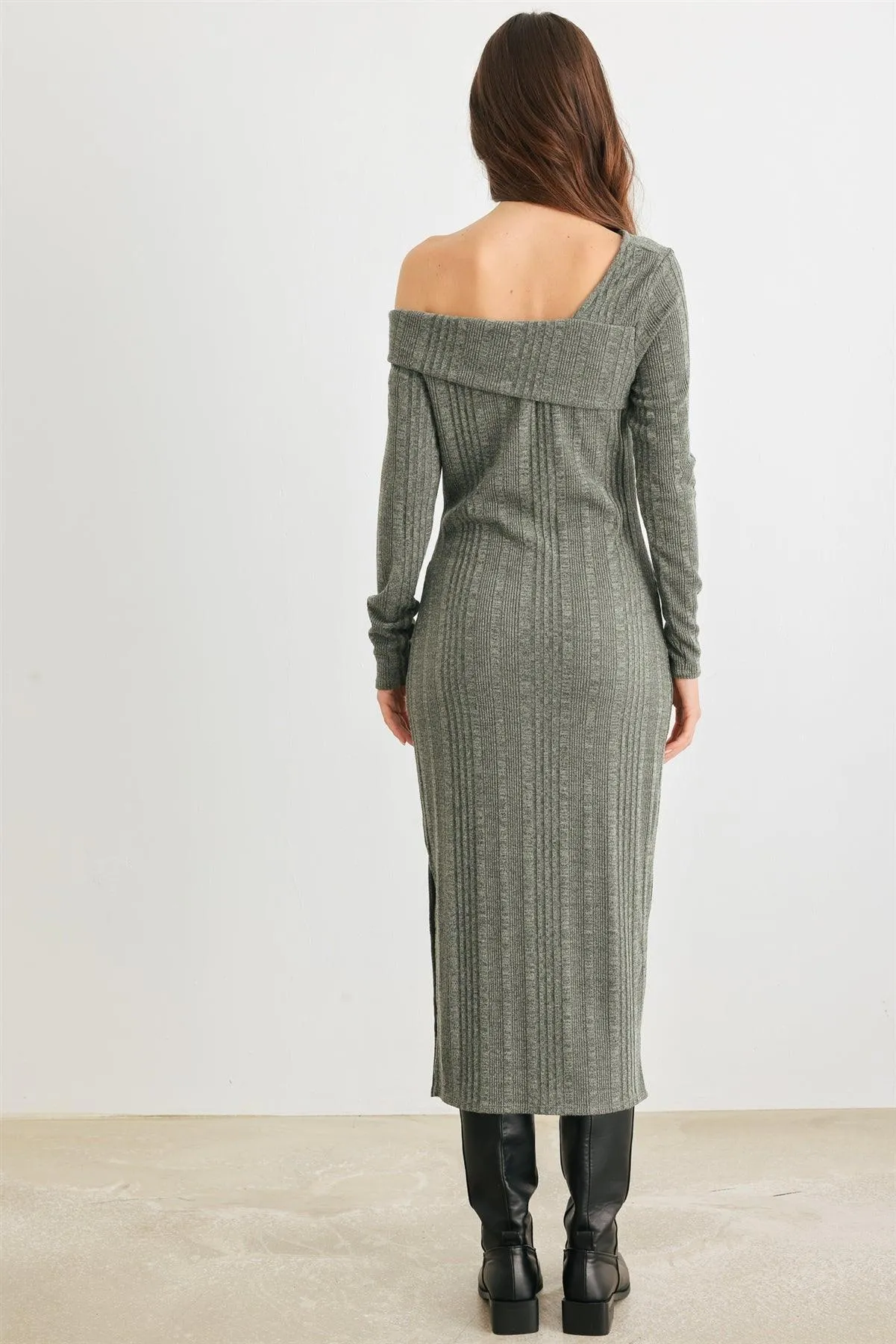 Dark Olive Ribbed Knit One Shoulder Long Sleeve Twist Detail Midi Dress /2-2-4