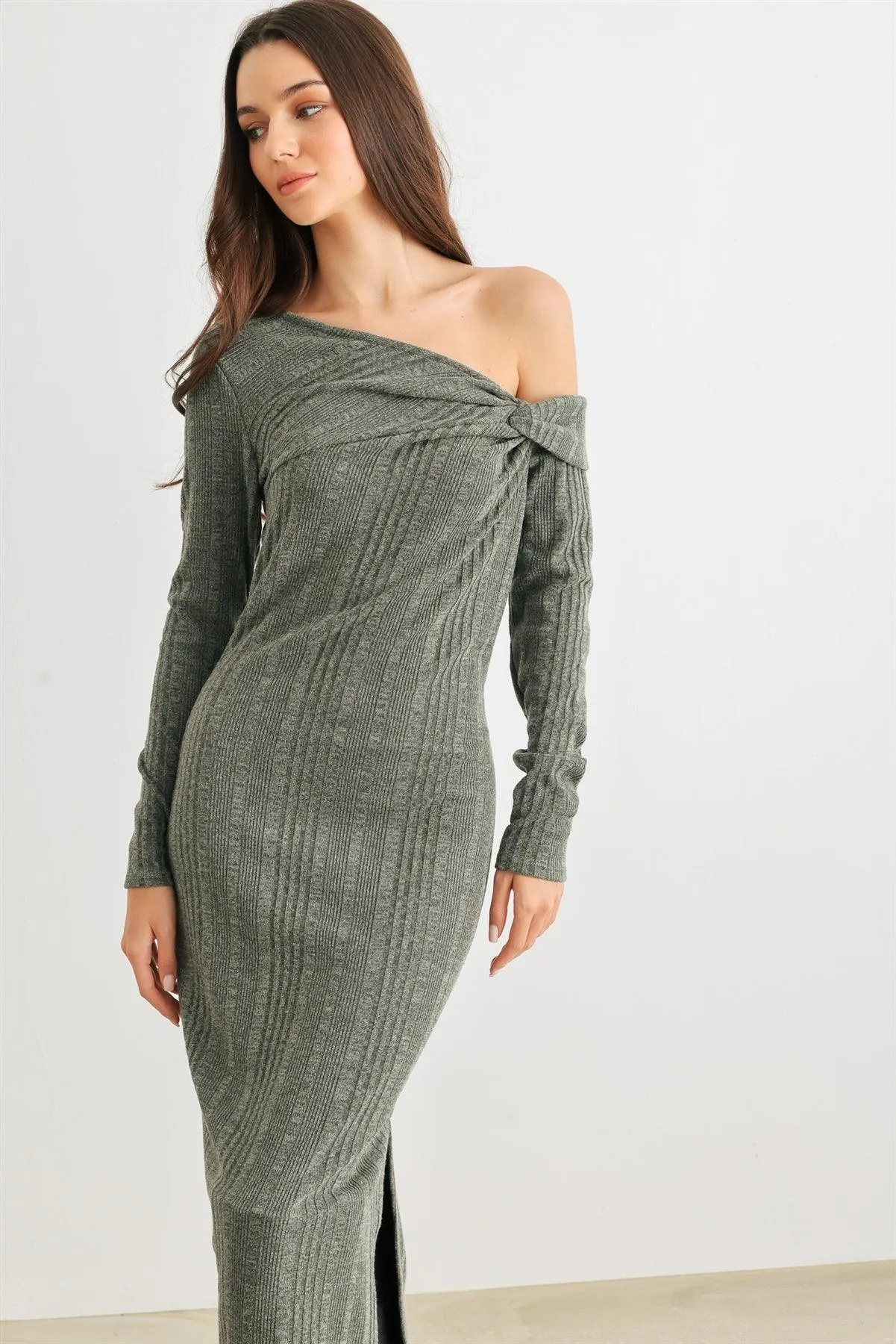 Dark Olive Ribbed Knit One Shoulder Long Sleeve Twist Detail Midi Dress /2-2-4