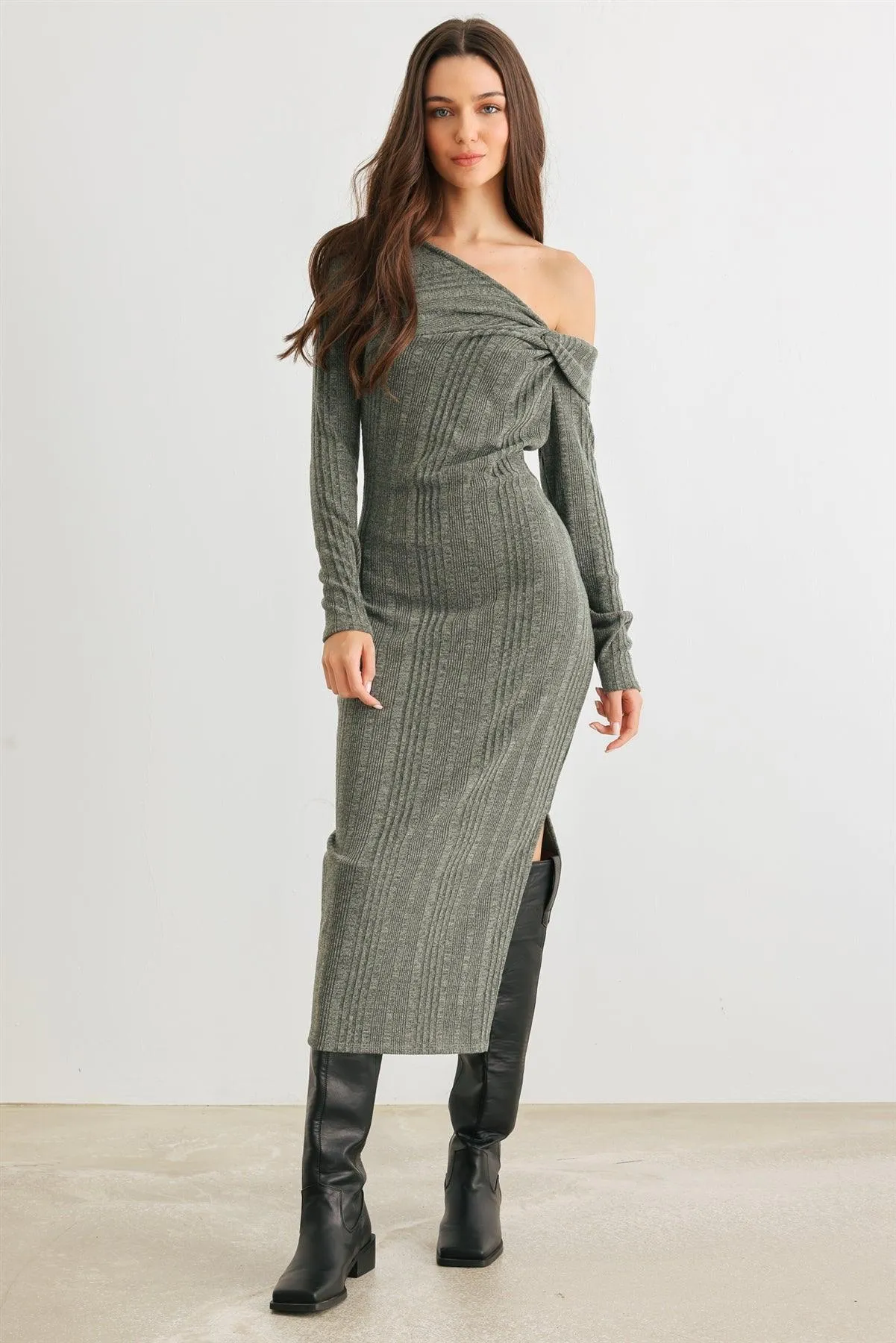 Dark Olive Ribbed Knit One Shoulder Long Sleeve Twist Detail Midi Dress /2-2-4