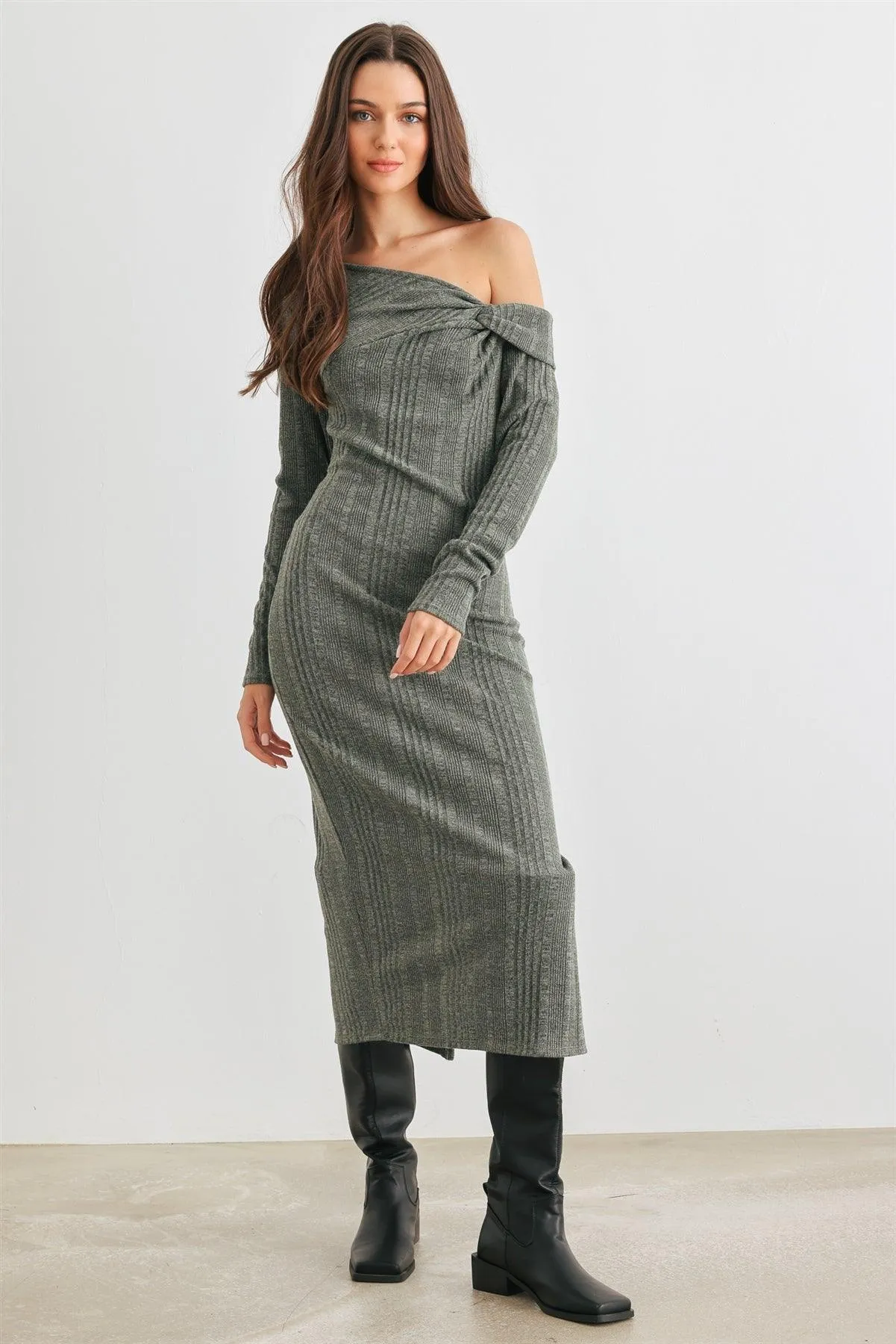 Dark Olive Ribbed Knit One Shoulder Long Sleeve Twist Detail Midi Dress /2-2-4