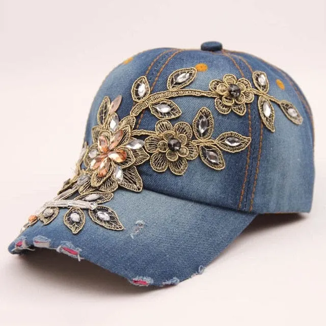 Denim Diamond Embroidery Flower Cowboy Women Baseball Cap