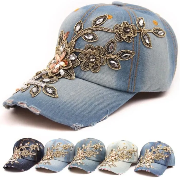 Denim Diamond Embroidery Flower Cowboy Women Baseball Cap