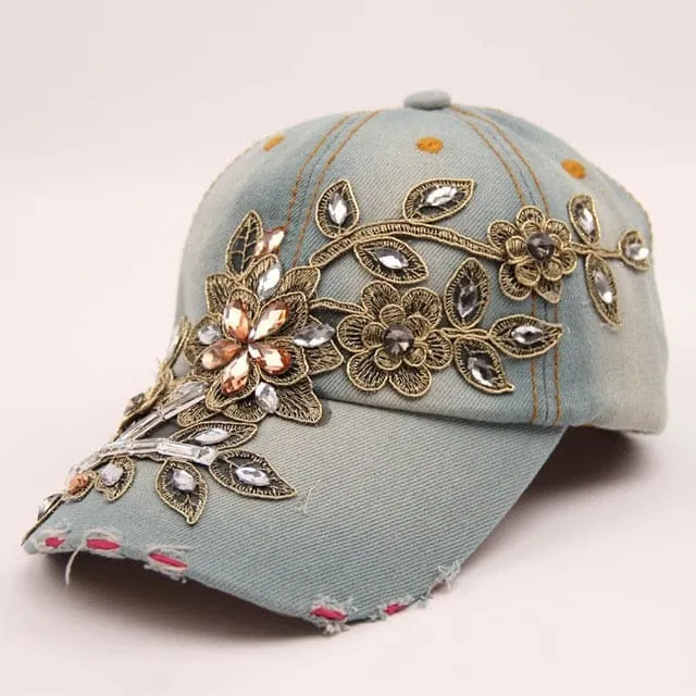 Denim Diamond Embroidery Flower Cowboy Women Baseball Cap