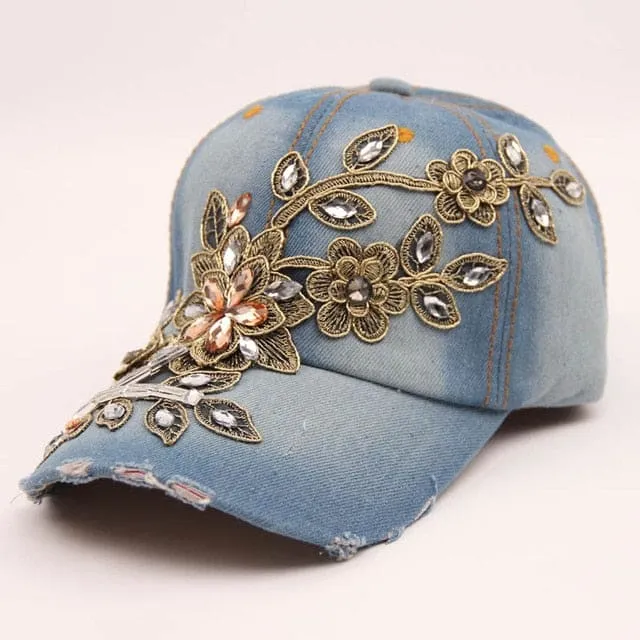 Denim Diamond Embroidery Flower Cowboy Women Baseball Cap