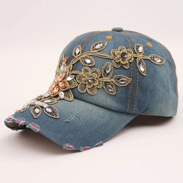 Denim Diamond Embroidery Flower Cowboy Women Baseball Cap