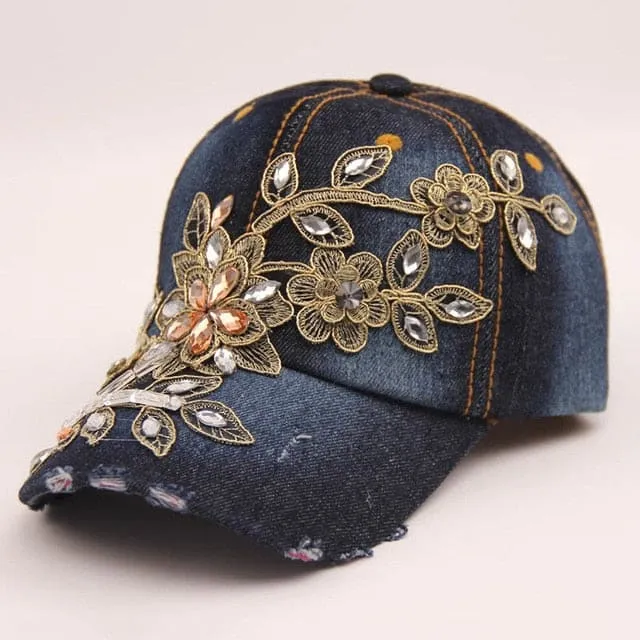 Denim Diamond Embroidery Flower Cowboy Women Baseball Cap