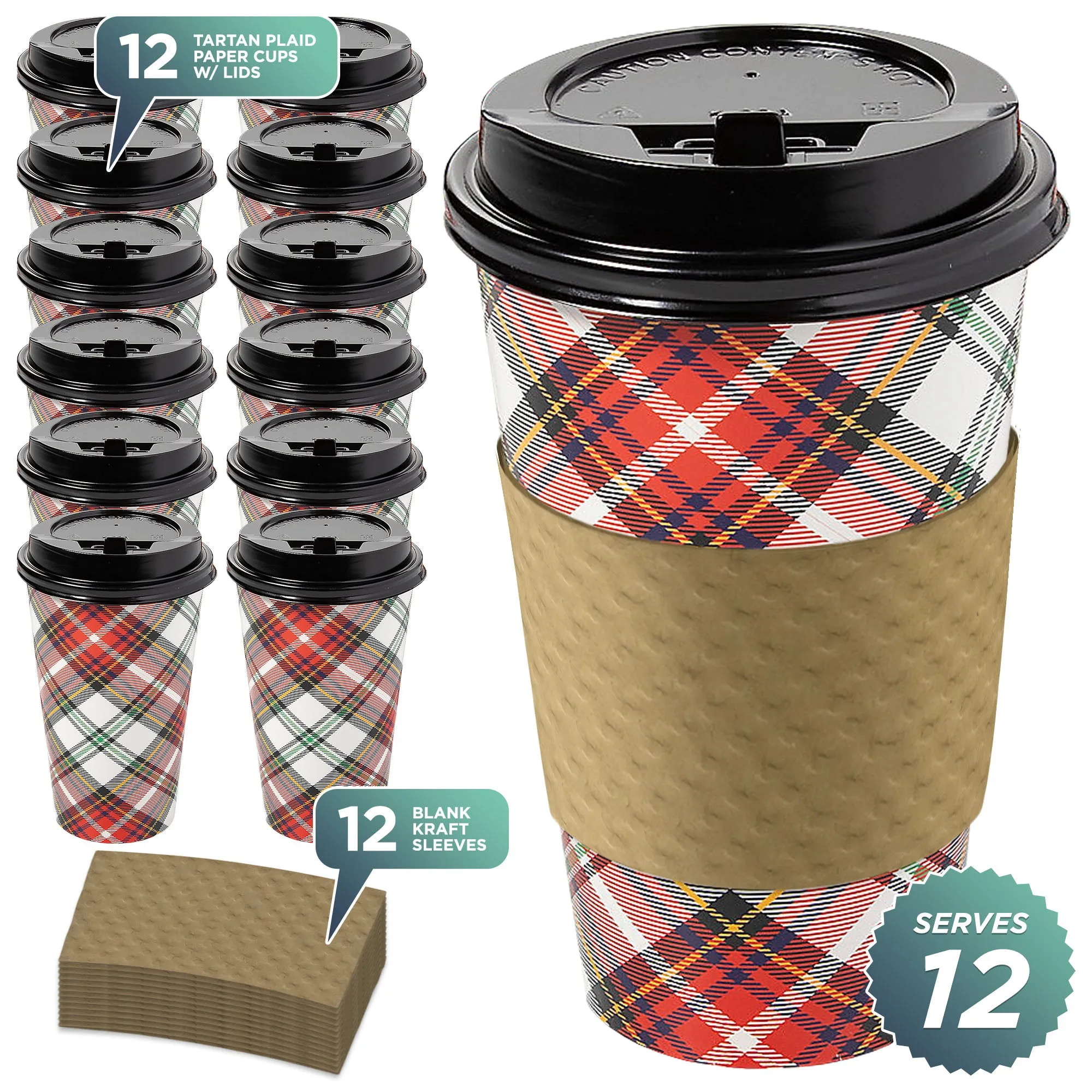 Disposable Coffee or Hot Chocolate Cups and Lids in Christmas Plaid Design (12-ct with Blank Kraft Sleeves)