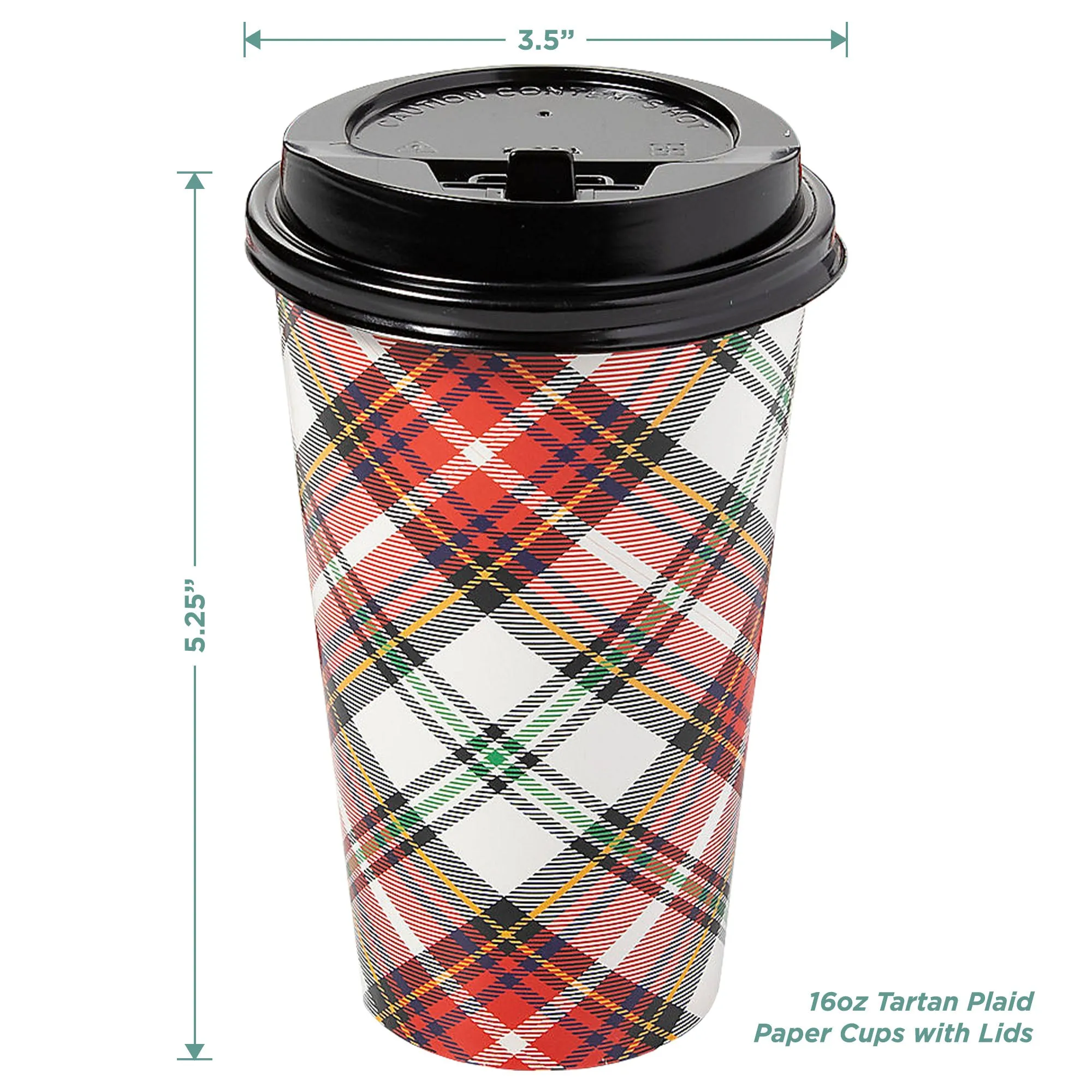 Disposable Coffee or Hot Chocolate Cups and Lids in Christmas Plaid Design (12-ct with Blank Kraft Sleeves)