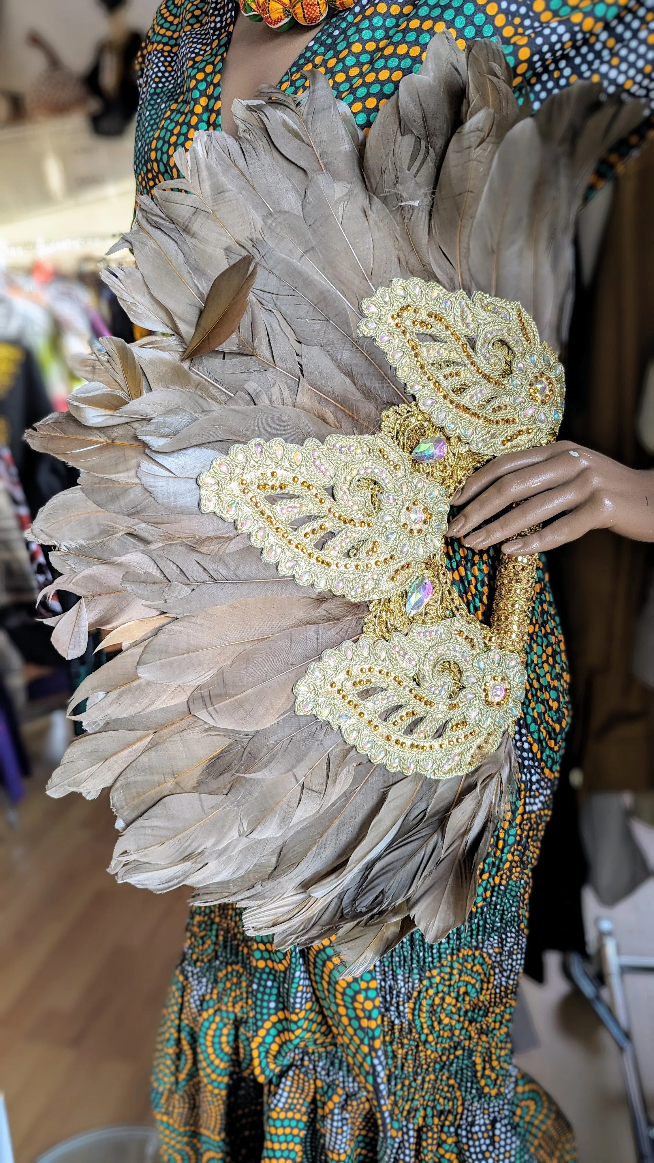 Dupsie's AyoFẹ́ Brown and Gold Nigerian African Wedding Feather Fan DPFFBG3