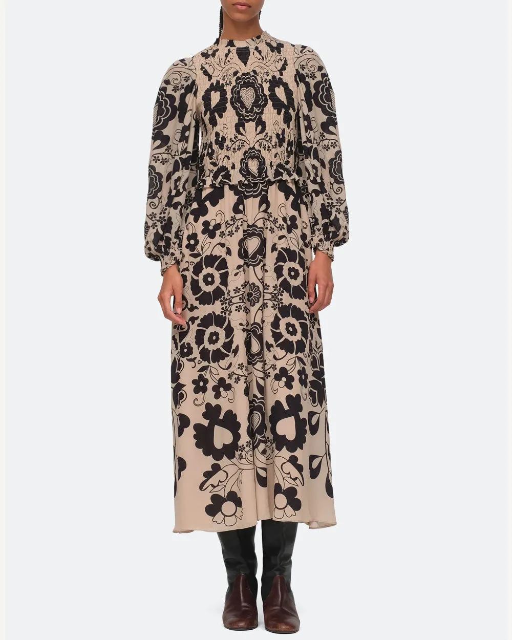 Ecru Edna Print Long Sleeve Smocked Dress