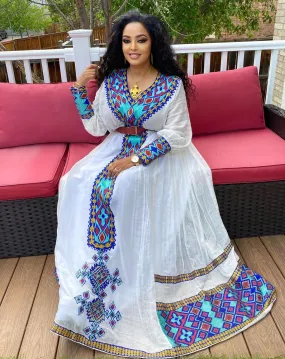 Elegant Modern Blue Pattern Habesha Kemis An Exquisite Ethiopian Traditional Dress