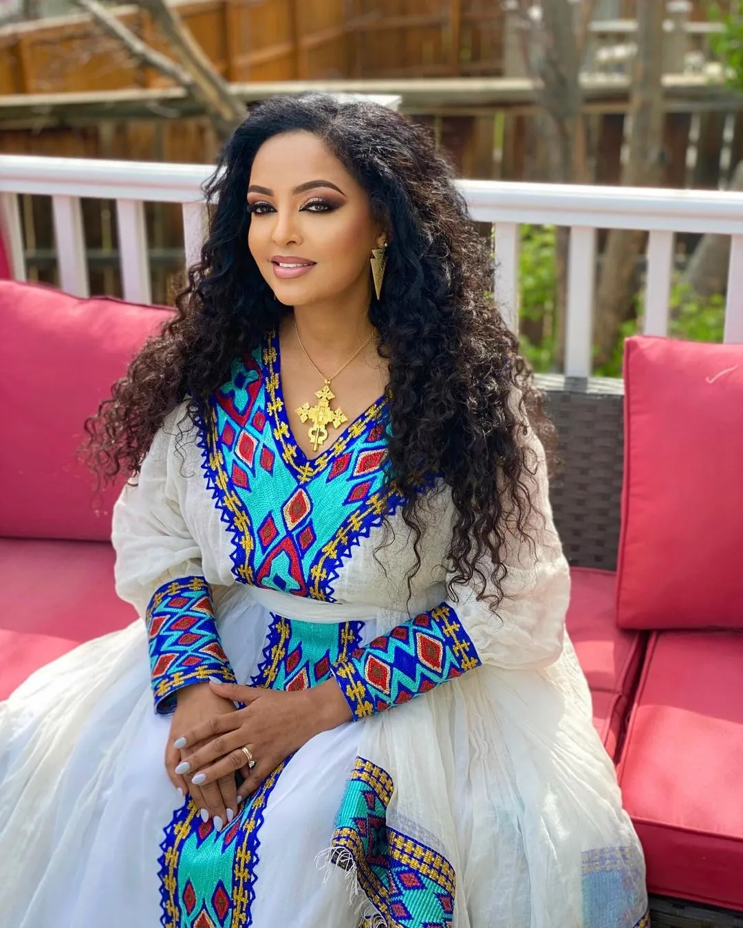 Elegant Modern Blue Pattern Habesha Kemis An Exquisite Ethiopian Traditional Dress