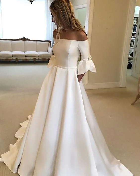 Elegant Off-Shoulder Satin Wedding Dress with Bow       fg6426