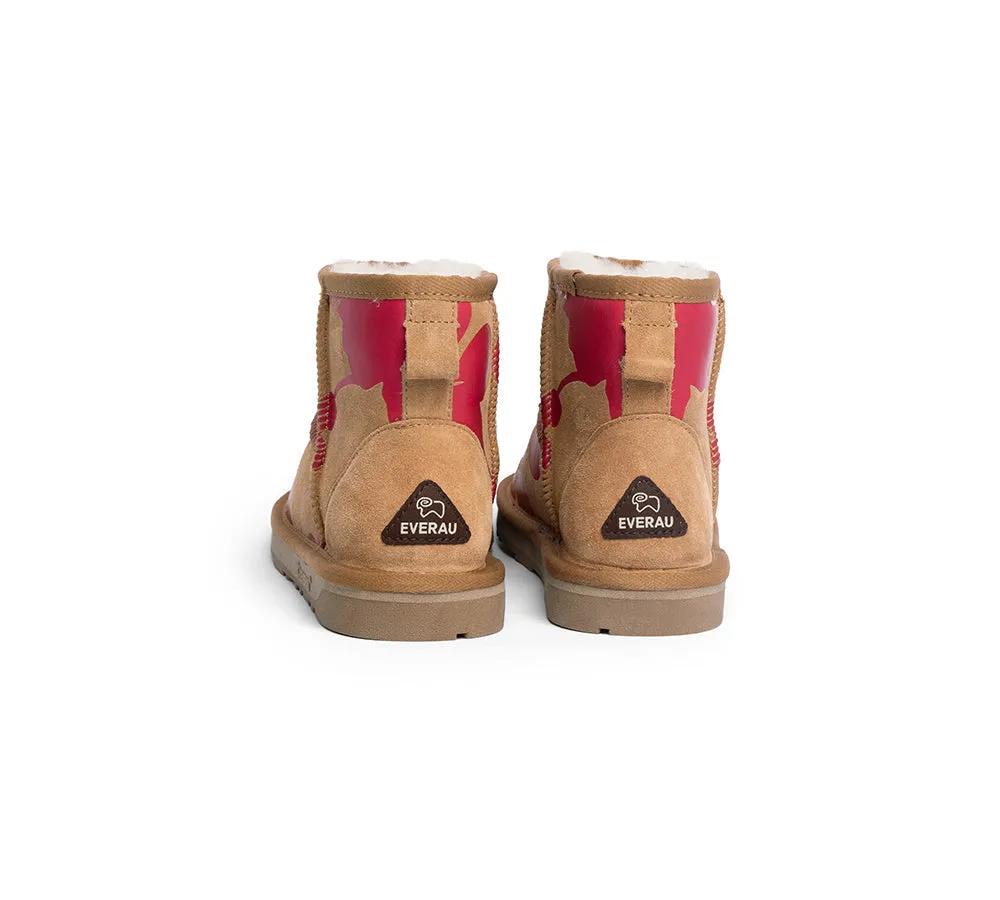 EVERAU® UGG Boots Sheepskin Wool Red Floral Print Mini Classic Suede EU40