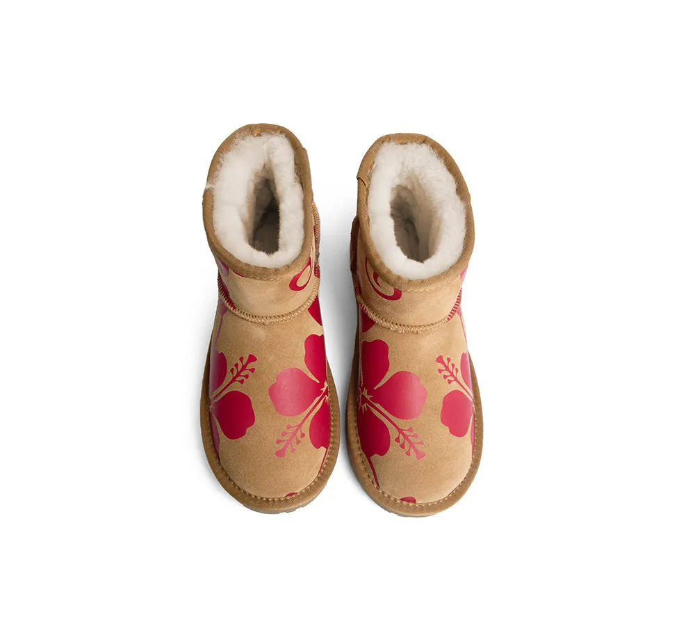 EVERAU® UGG Boots Sheepskin Wool Red Floral Print Mini Classic Suede EU40