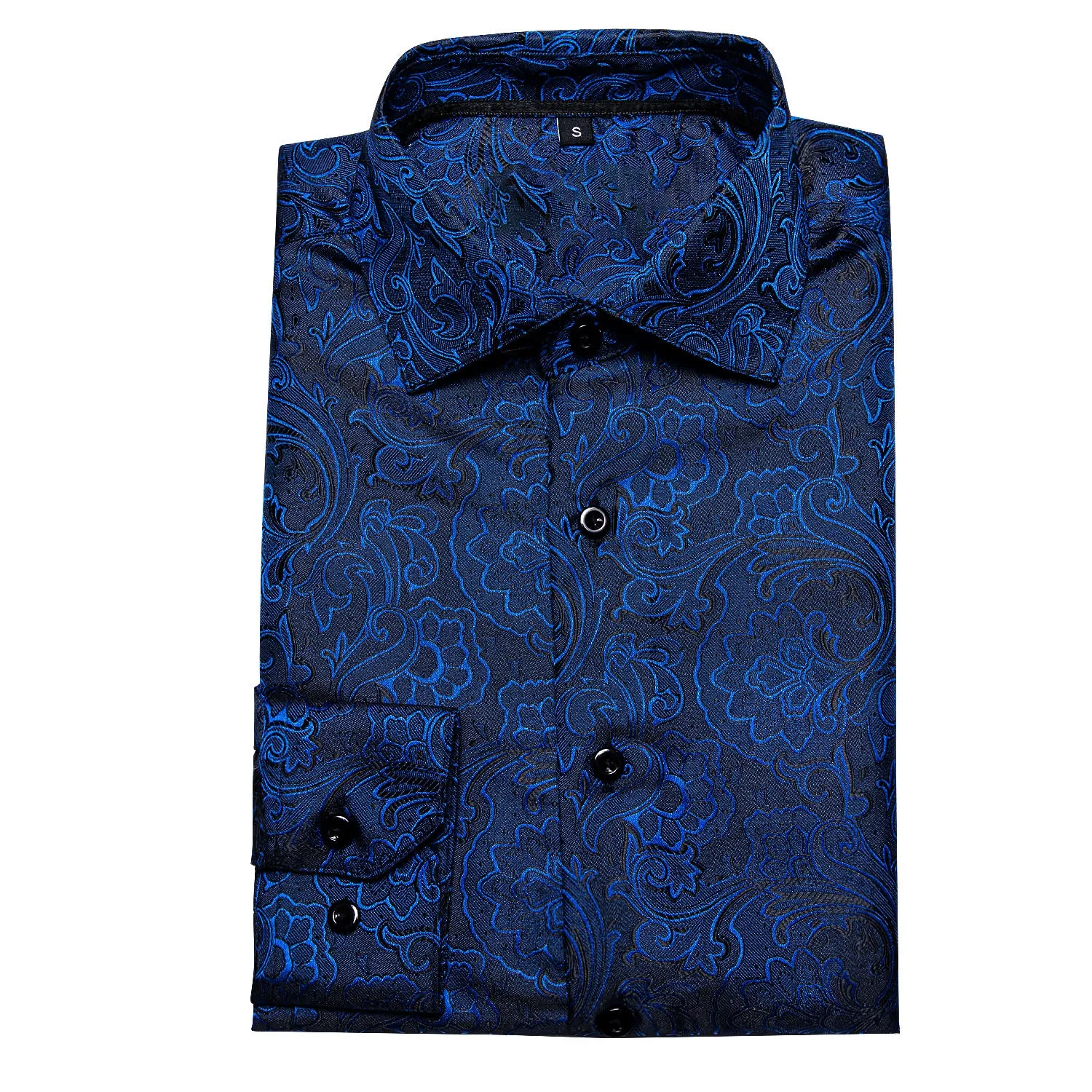 Fashion Black Deep Blue Paisley Silk Men's Long Sleeve Shirt