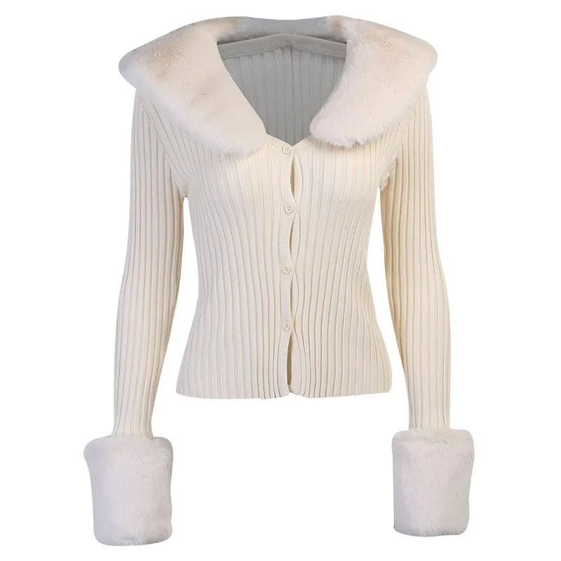 Fashion Fur Collar Acrylic Long Sleeve Outerwear with removable collar & cuffs