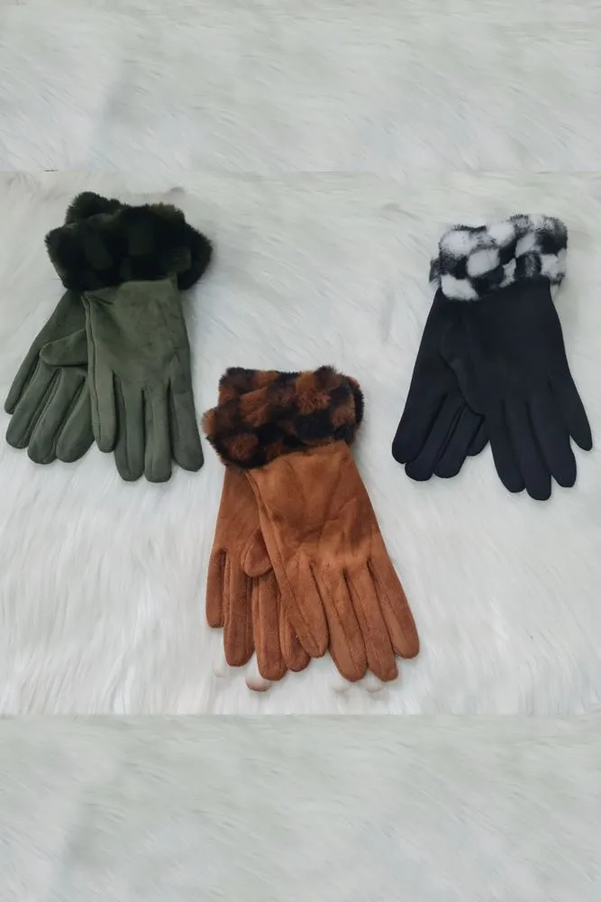 Faux Fur Cuffed Block Print Soft Feel Gloves