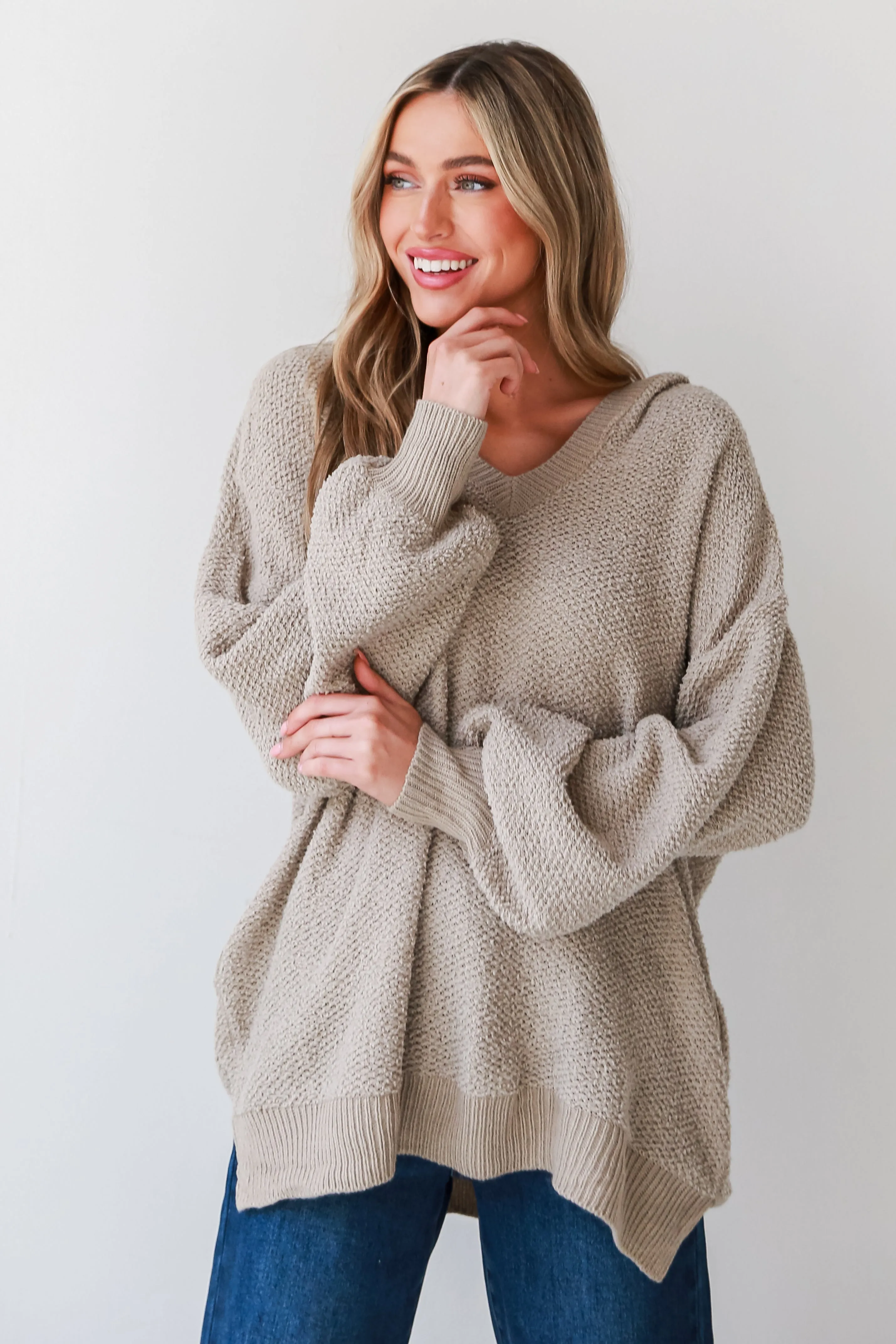 FINAL SALE - Inviting Comfort Taupe Hooded Oversized Sweater