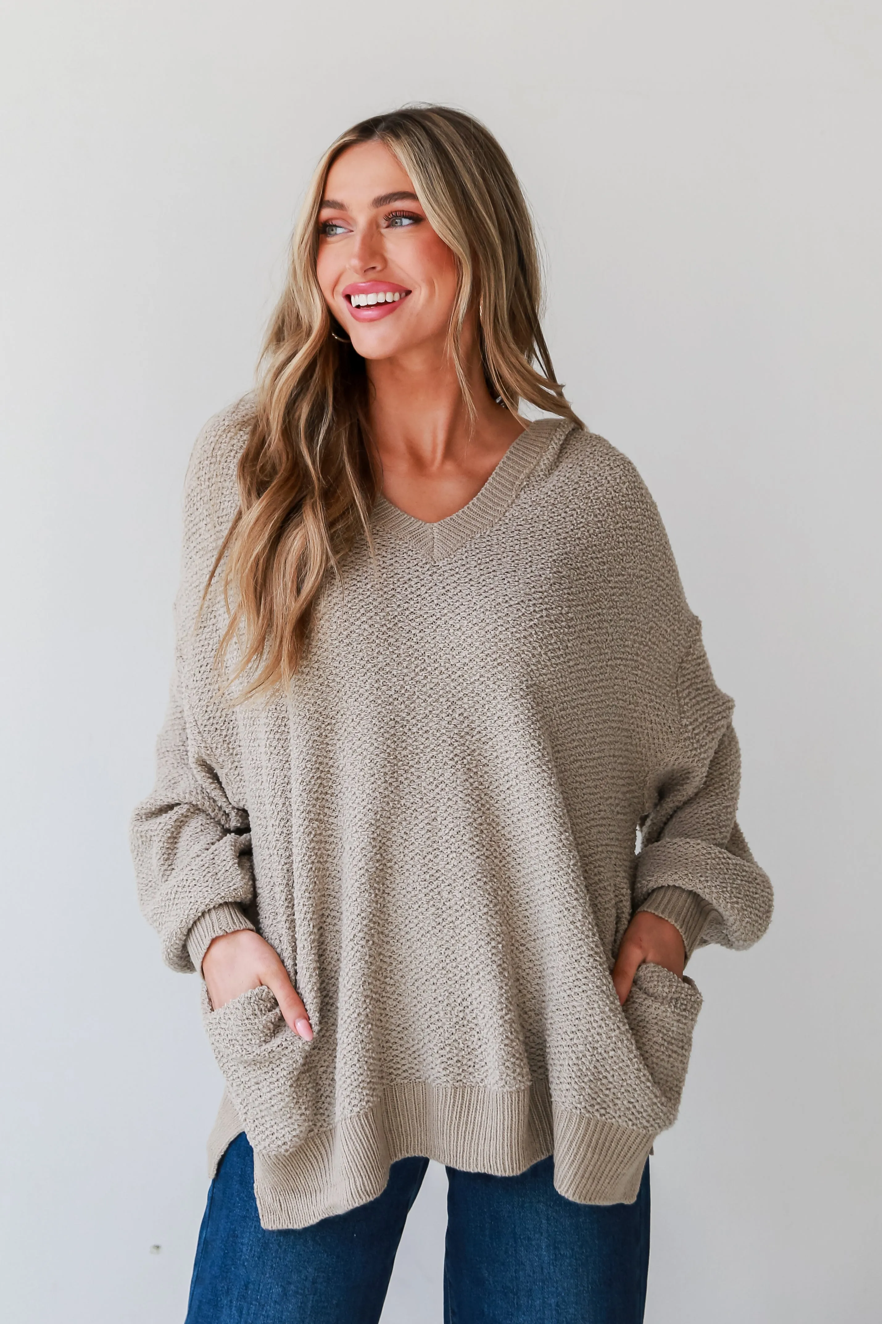 FINAL SALE - Inviting Comfort Taupe Hooded Oversized Sweater