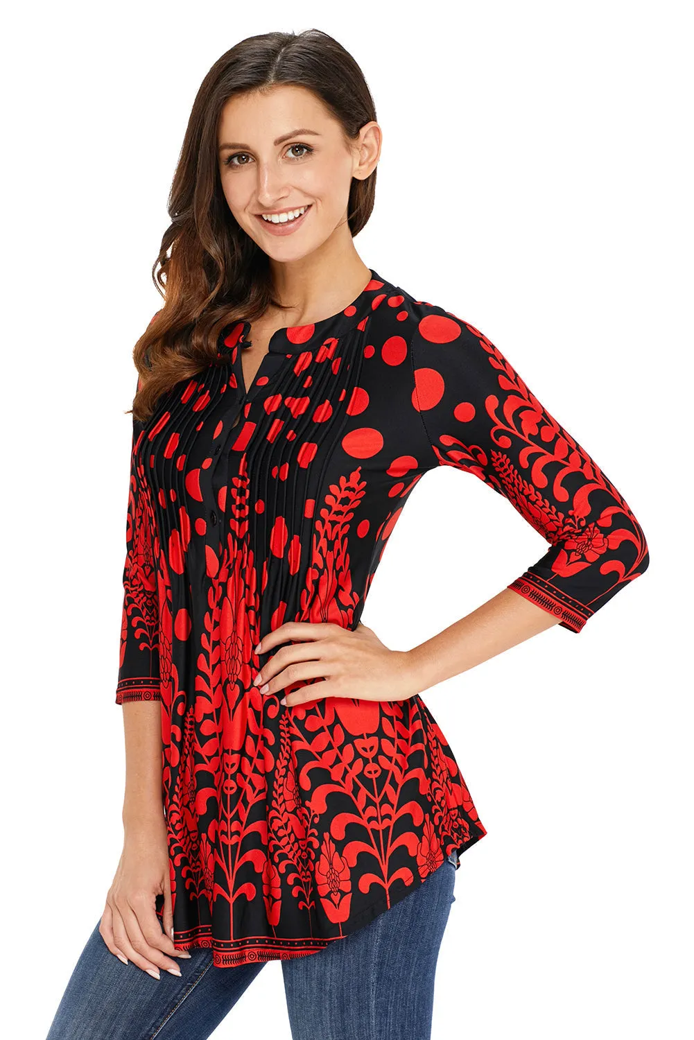 Floral Notch Neck Pin-Tuck Tunic