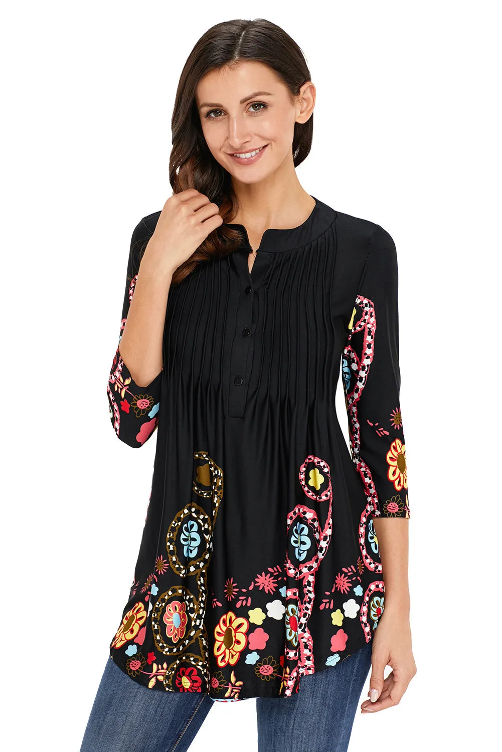 Floral Notch Neck Pin-Tuck Tunic