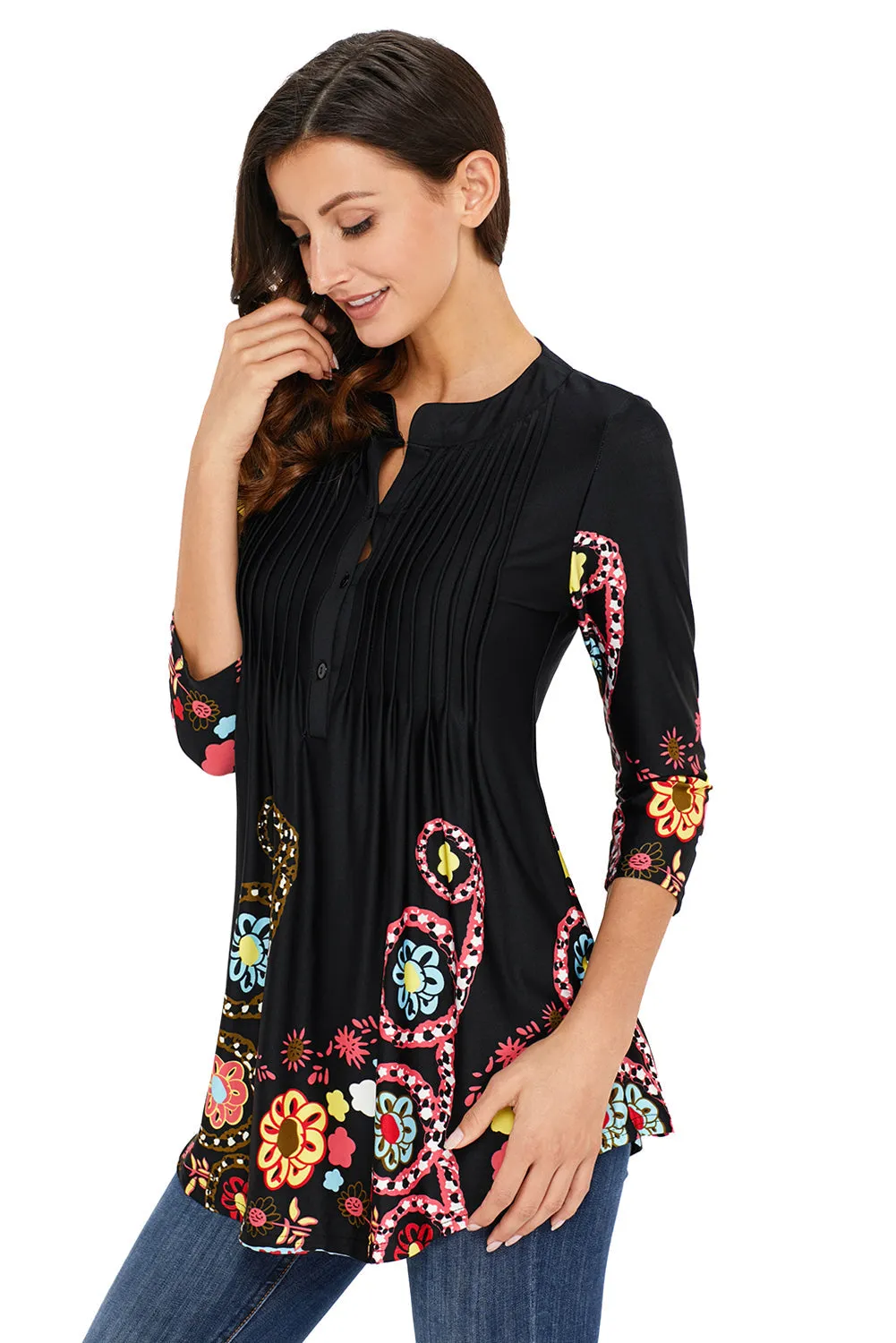 Floral Notch Neck Pin-Tuck Tunic