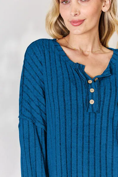 Full Size Ribbed Half Button Long Sleeve T-Shirt