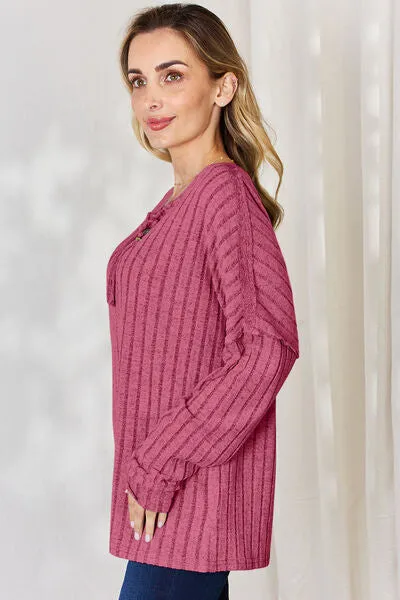 Full Size Ribbed Half Button Long Sleeve T-Shirt