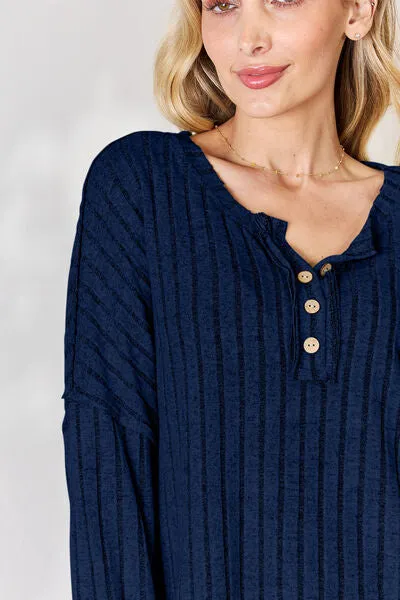 Full Size Ribbed Half Button Long Sleeve T-Shirt