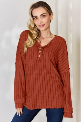 Full Size Ribbed Half Button Long Sleeve T-Shirt