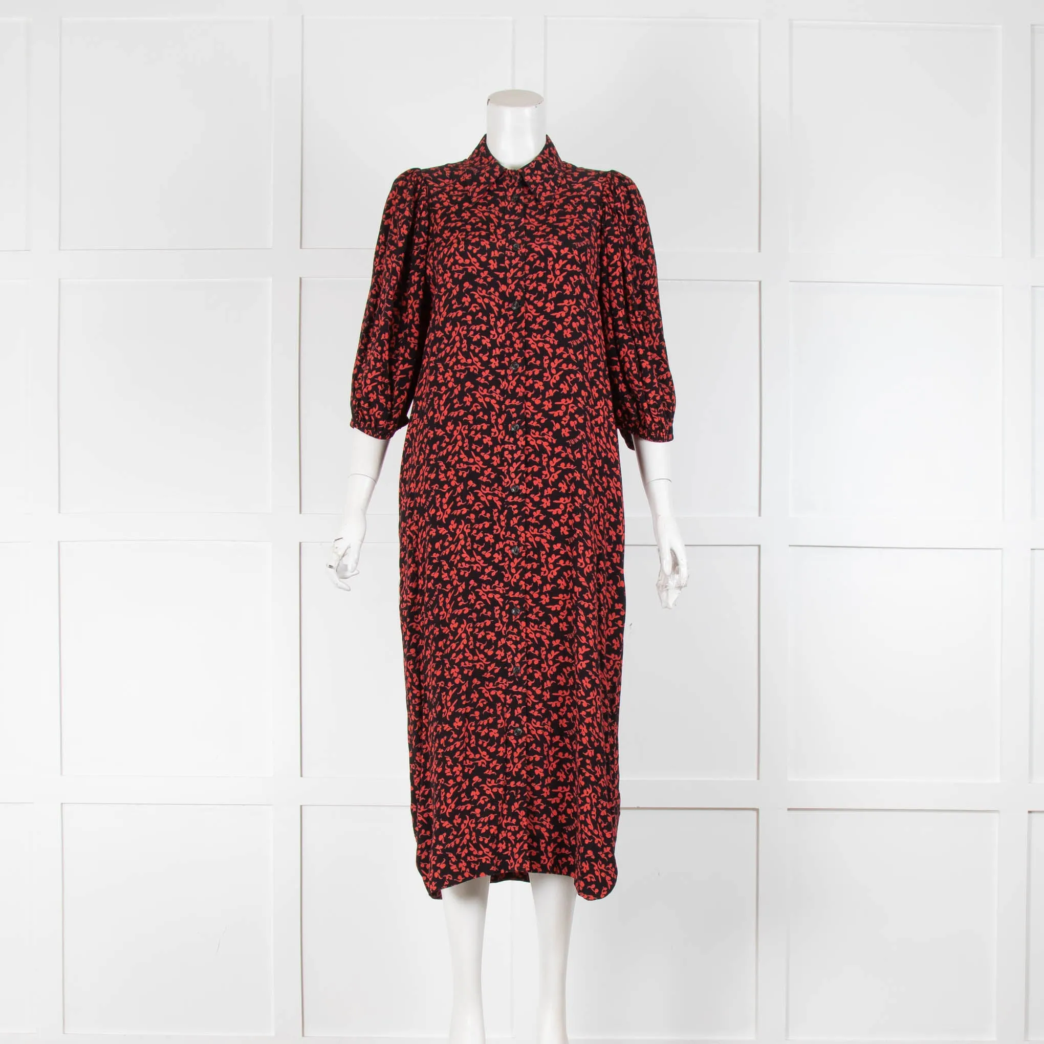 Ganni Black and Red Print Midi Dress