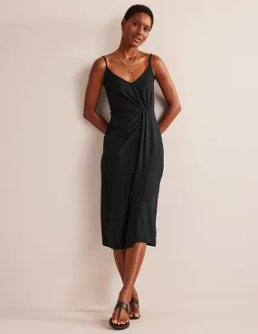 Gathered Jersey Midi Dress-Black