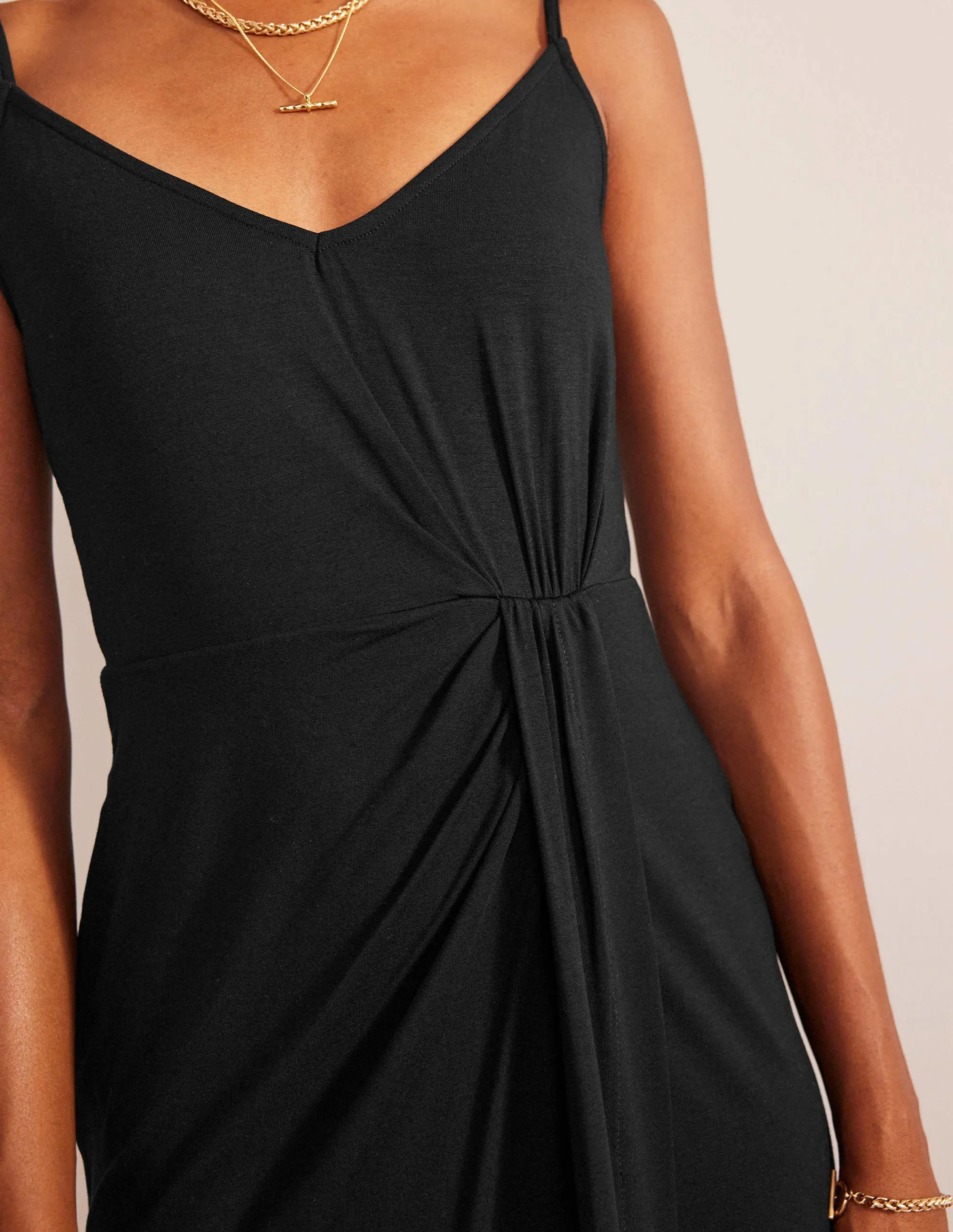 Gathered Jersey Midi Dress-Black