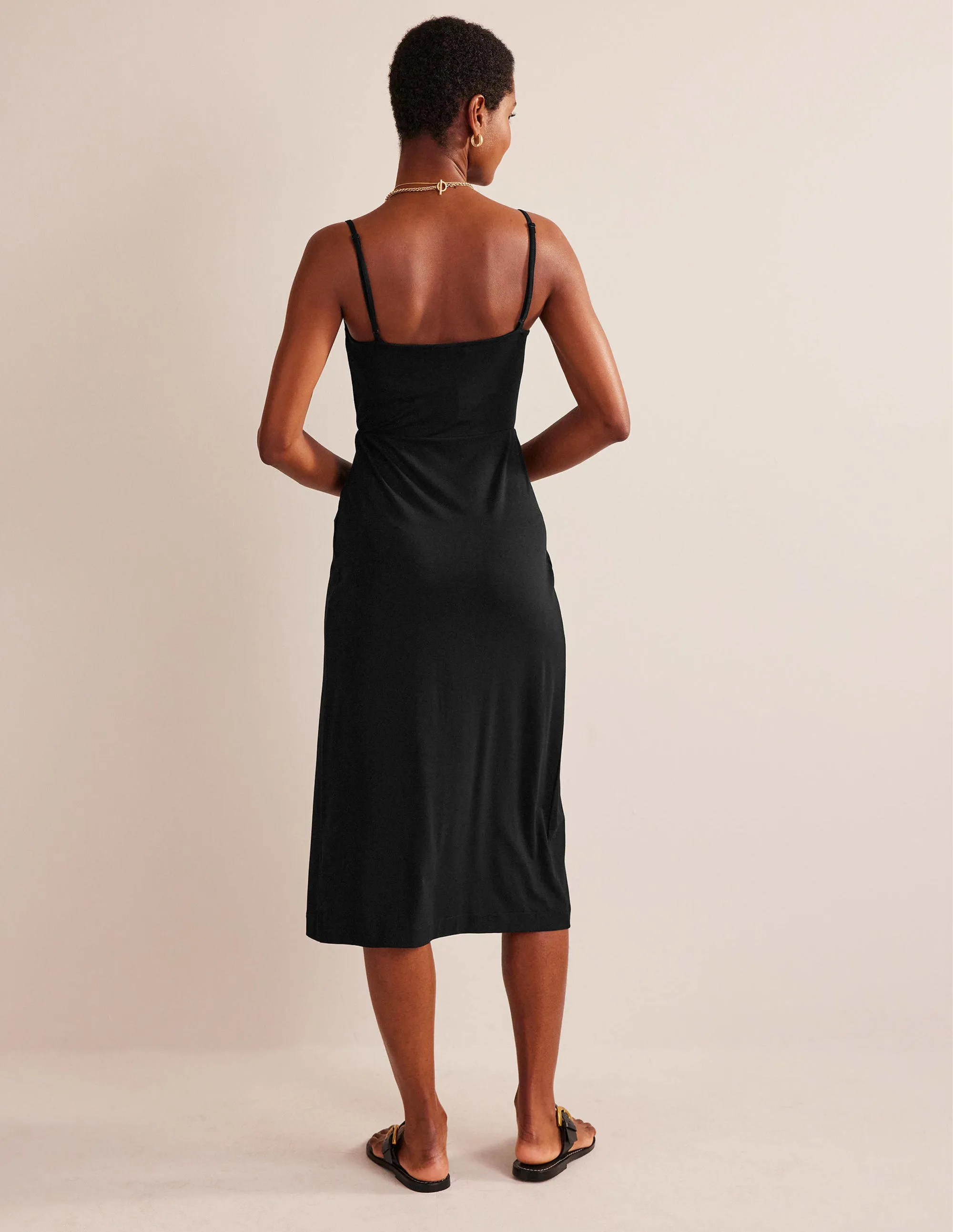 Gathered Jersey Midi Dress-Black