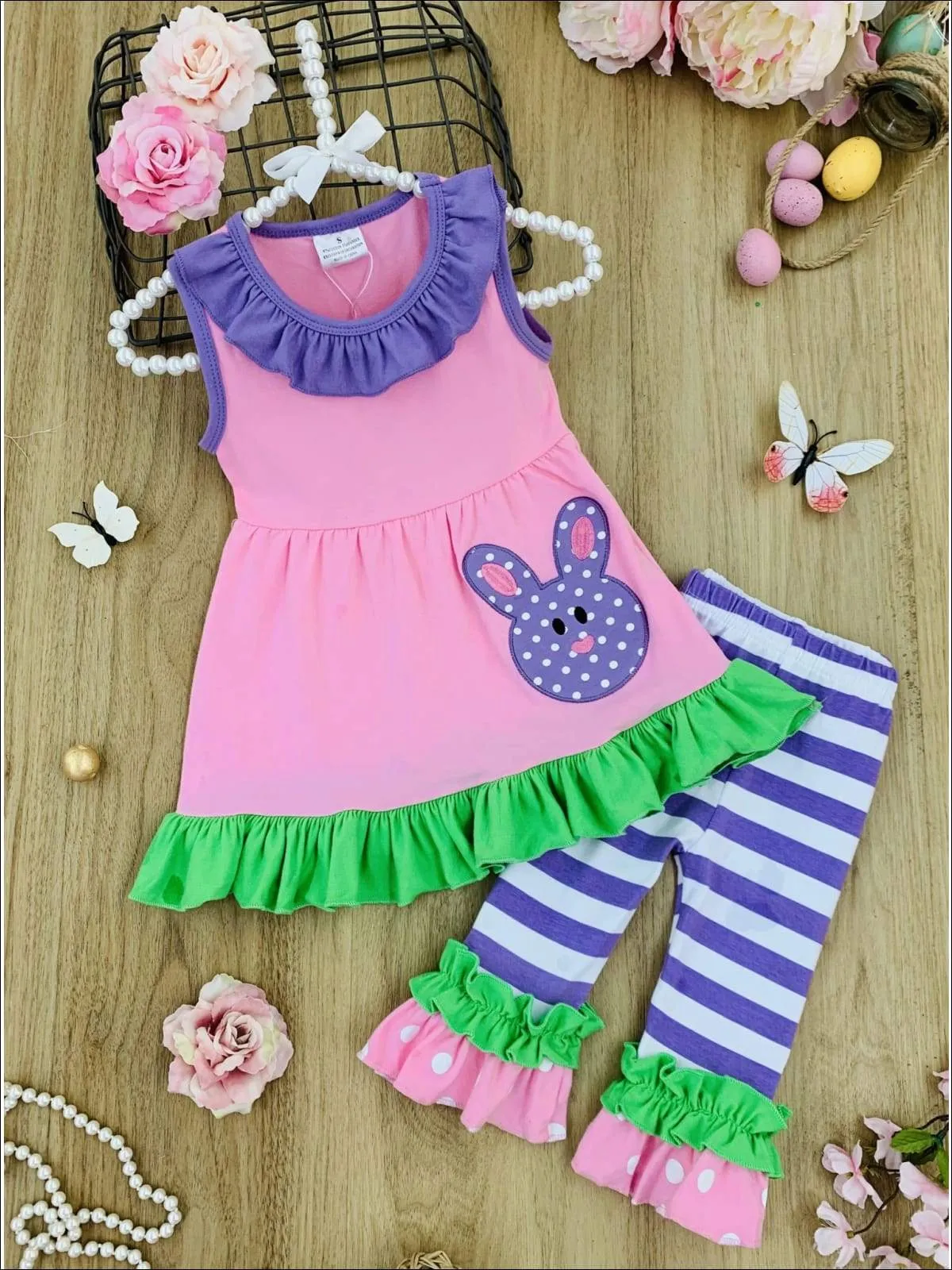 Girls Easter Cutie Ruffled Tunic And Striped Capri Legging Set