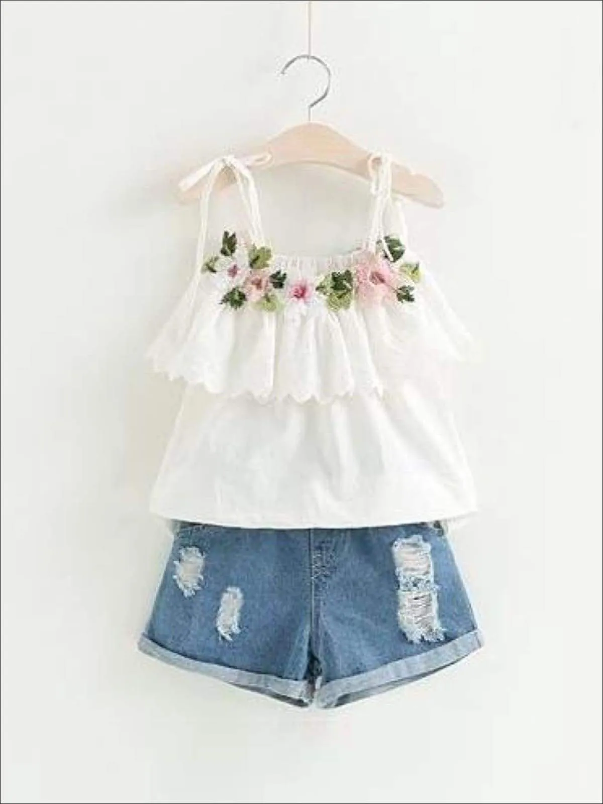 Girls Embroidered Ruffled Tunic And Denim Short Set