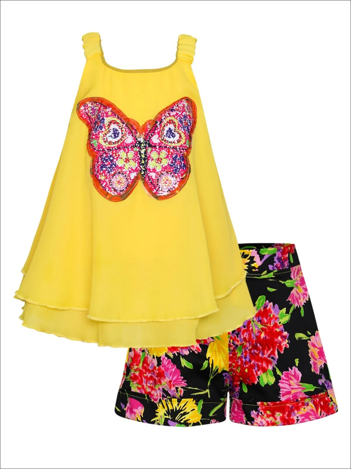 Girls Trimmed Double Layer Swing Tunic And Cuffed Bow Short Set