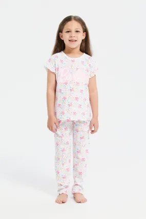 Girls White Barbie Printed Pyjama Set (2 Piece)