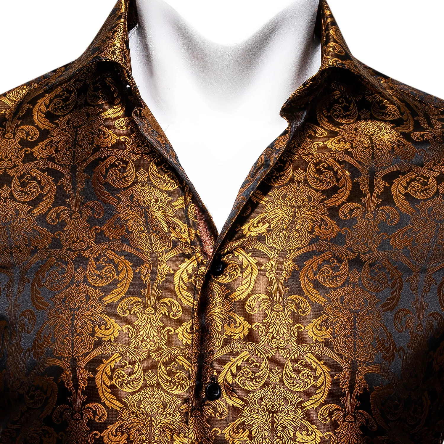 Golden Brown Paisley Style Silk Men's Long Sleeve Shirt