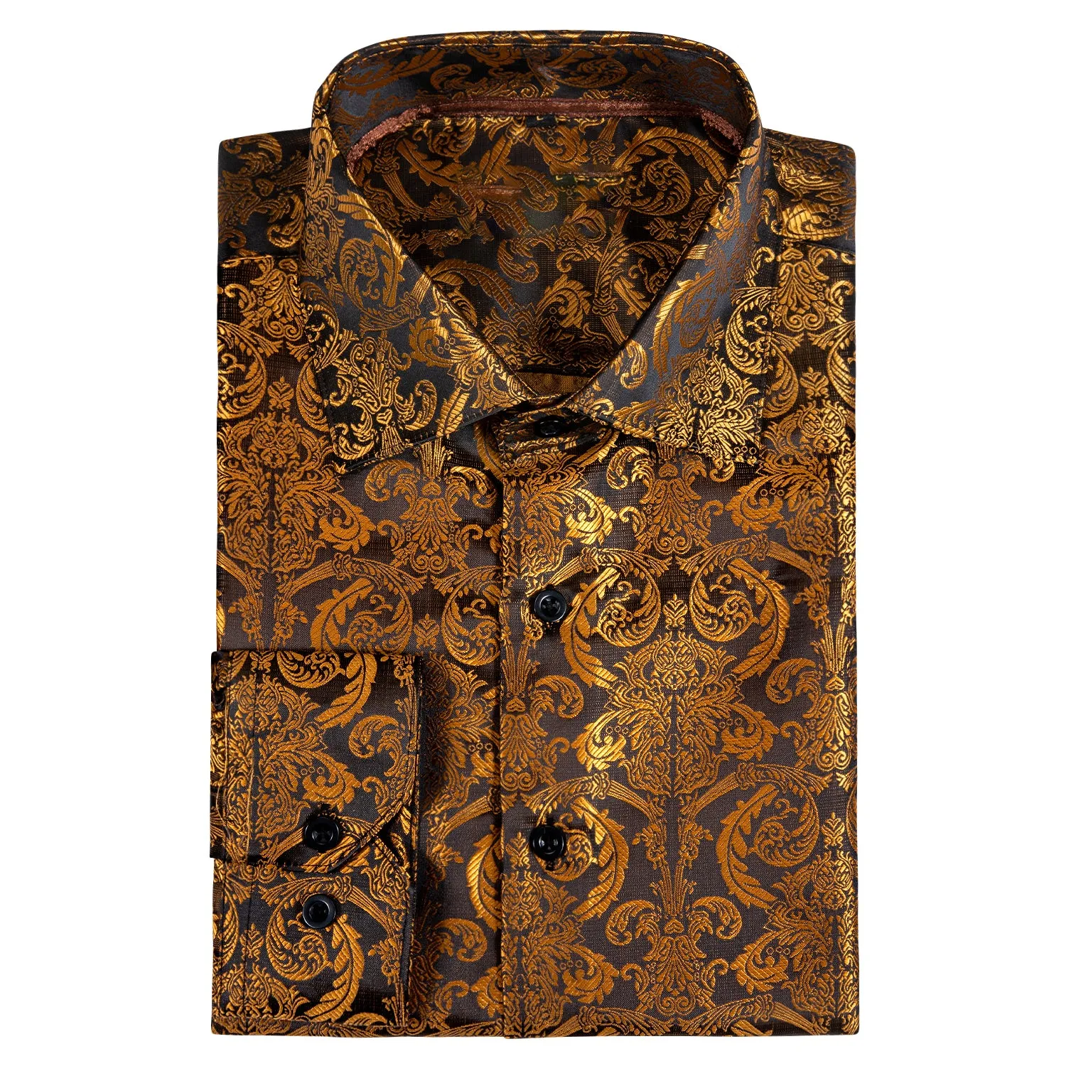 Golden Brown Paisley Style Silk Men's Long Sleeve Shirt