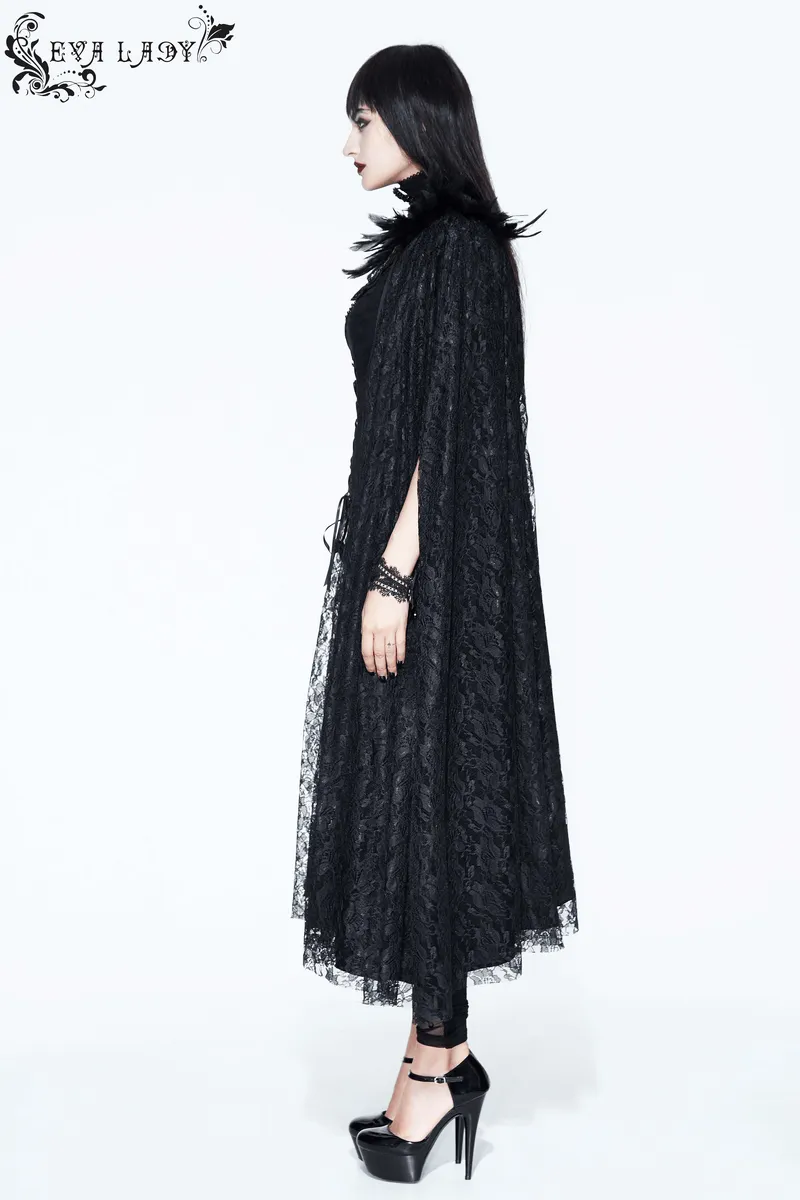 Gothic Cape with Feather Shoulder / Female Long Black Cloak with Lace Decoration