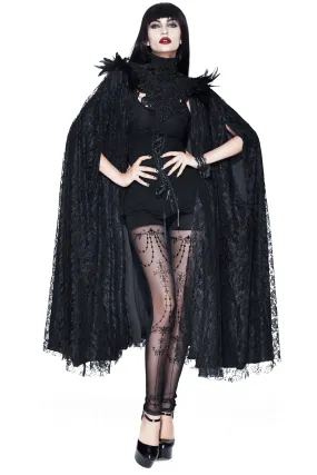 Gothic Cape with Feather Shoulder / Female Long Black Cloak with Lace Decoration