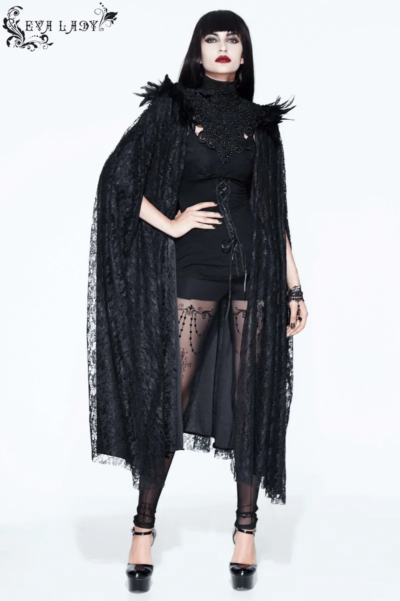 Gothic Cape with Feather Shoulder / Female Long Black Cloak with Lace Decoration