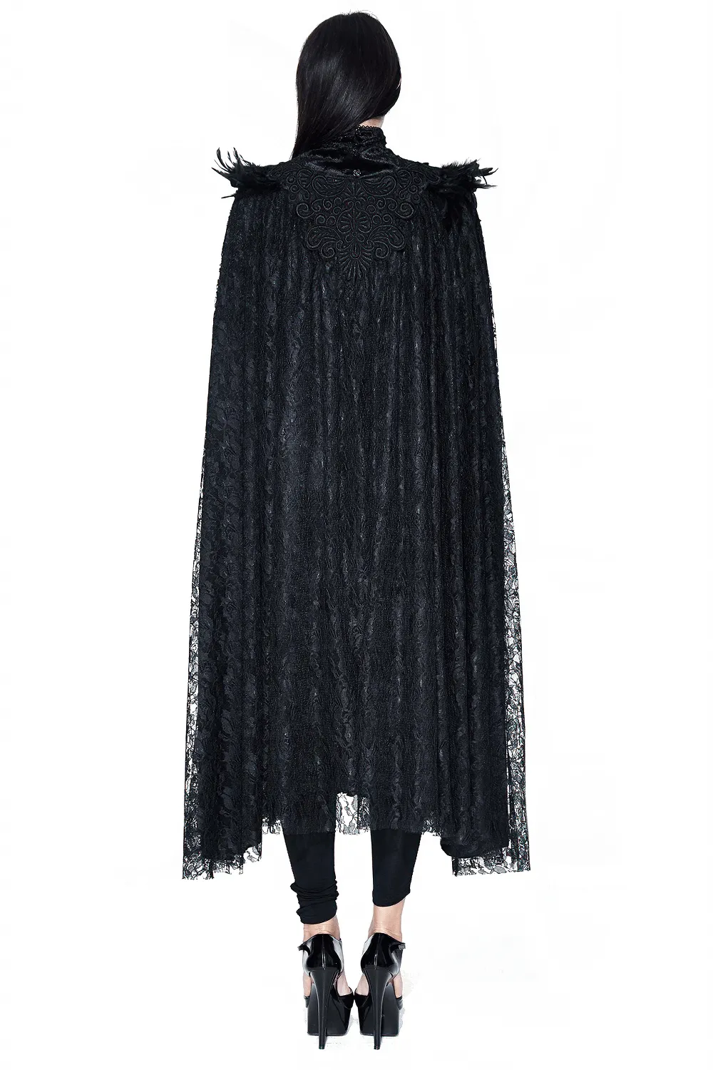 Gothic Cape with Feather Shoulder / Female Long Black Cloak with Lace Decoration