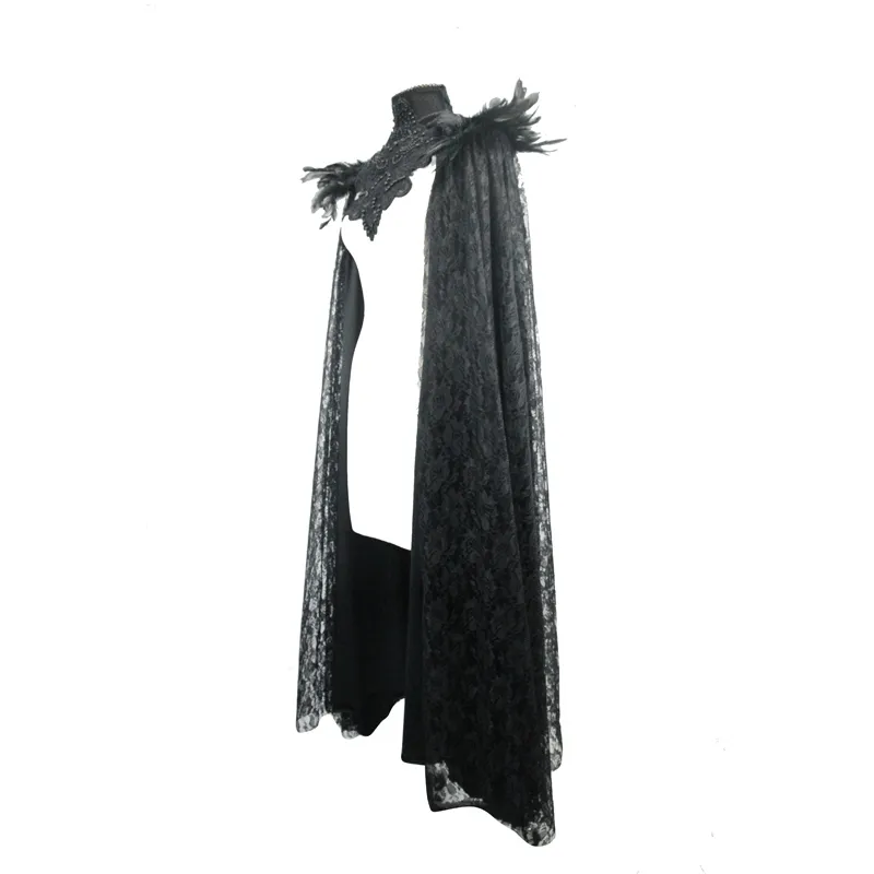 Gothic Cape with Feather Shoulder / Female Long Black Cloak with Lace Decoration