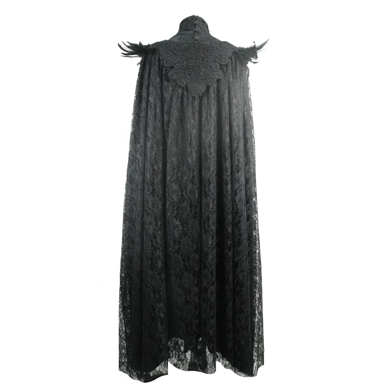 Gothic Cape with Feather Shoulder / Female Long Black Cloak with Lace Decoration