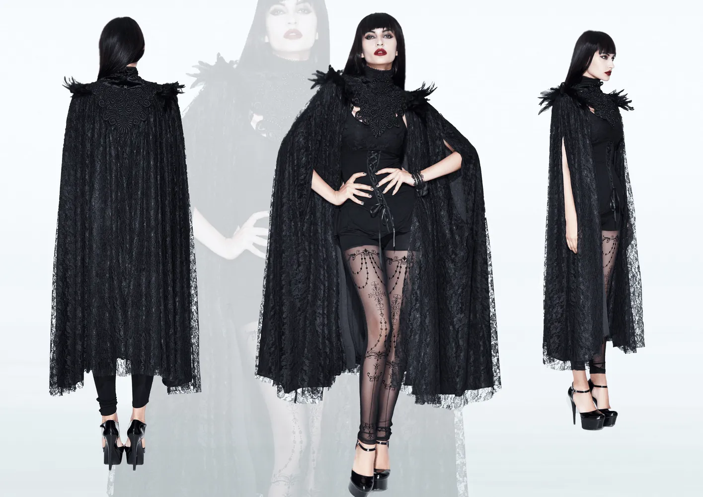 Gothic Cape with Feather Shoulder / Female Long Black Cloak with Lace Decoration