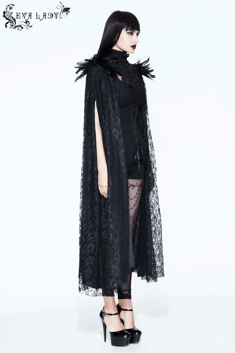 Gothic Cape with Feather Shoulder / Female Long Black Cloak with Lace Decoration