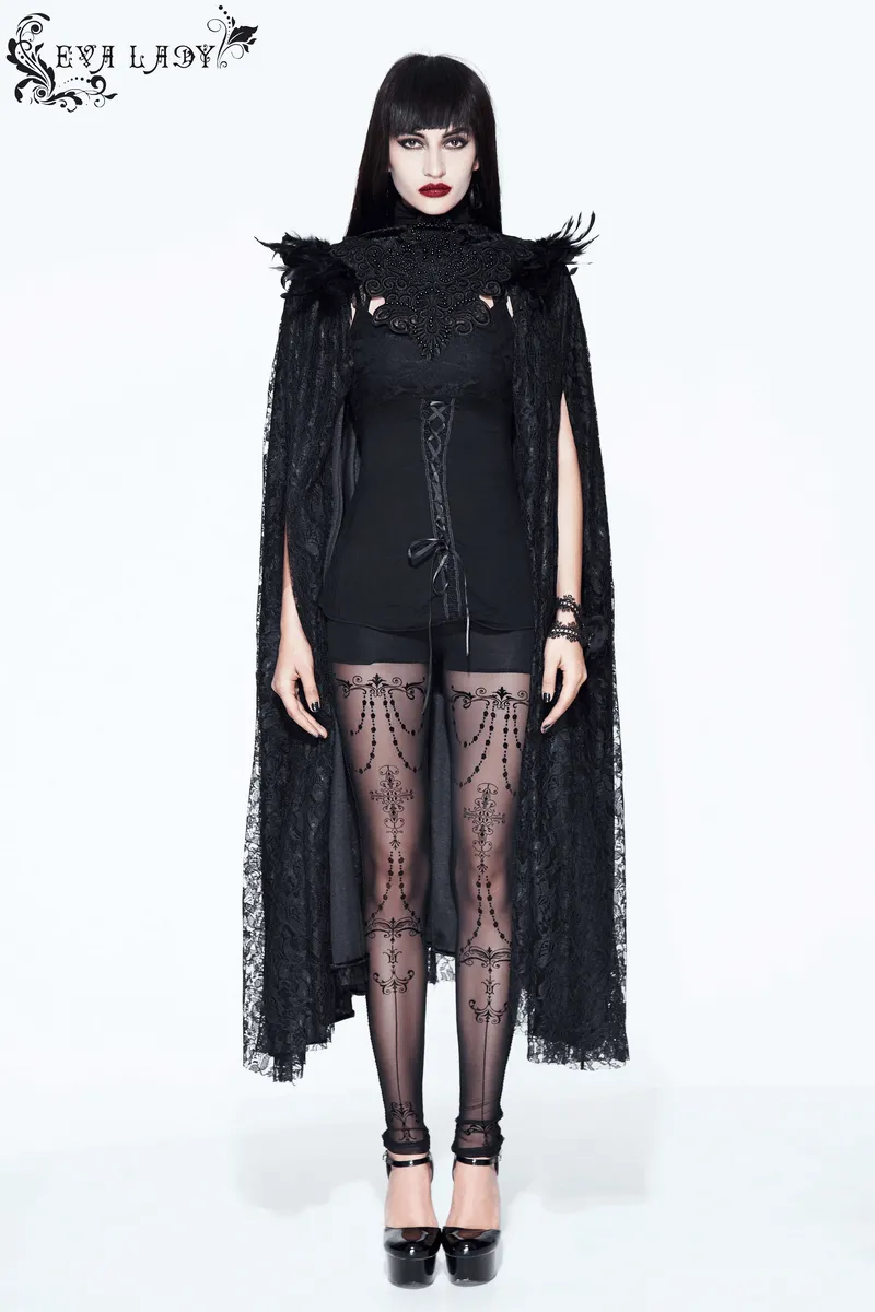 Gothic Cape with Feather Shoulder / Female Long Black Cloak with Lace Decoration